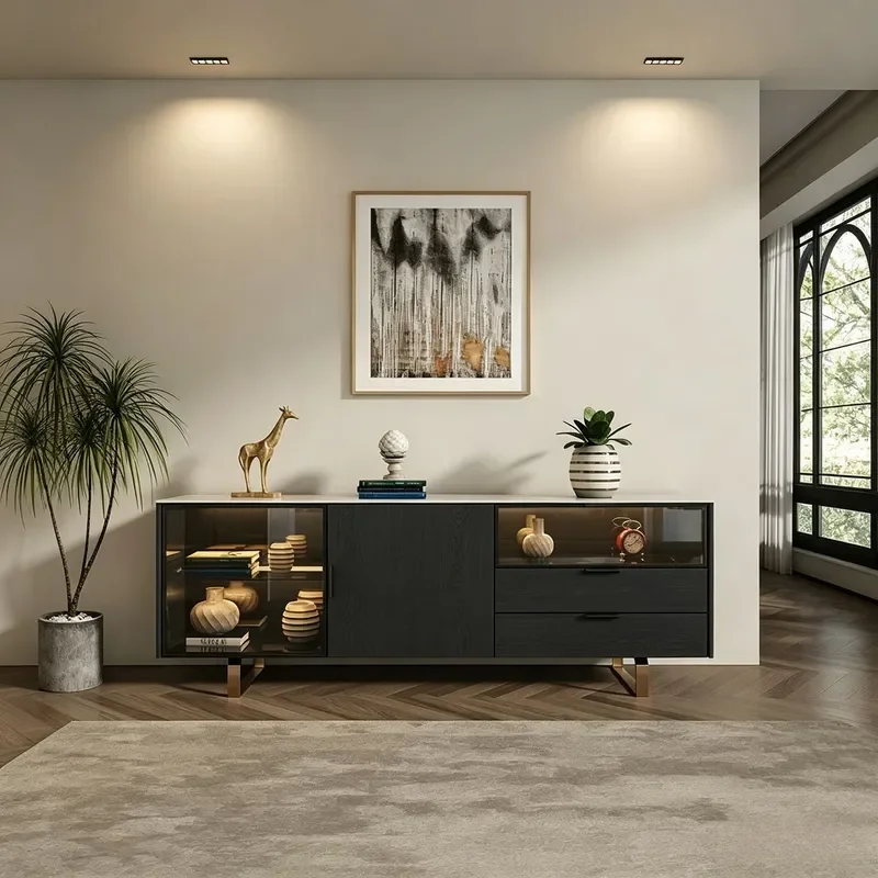 Modern Italian Style Glass TV Stand with LED Light Luxury Entryway Wine Storage Cabinet Living Room Wall Unit