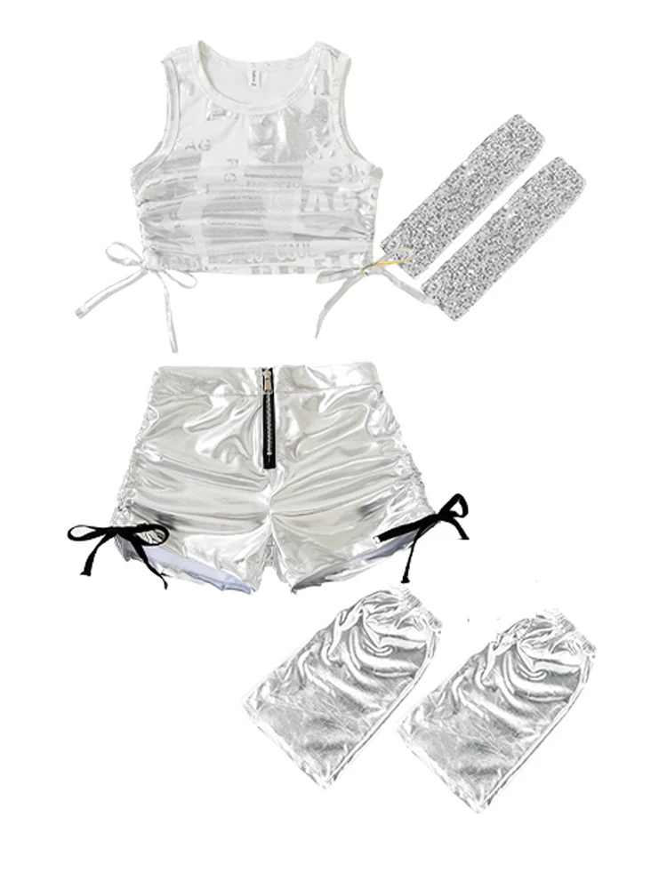 Bambini Argento Jazz Cheerlead Costume di danza Ragazze Top Pantaloncini Estate Kpop Hip Hop Performance Abiti Concerto Stage Wear BL16634