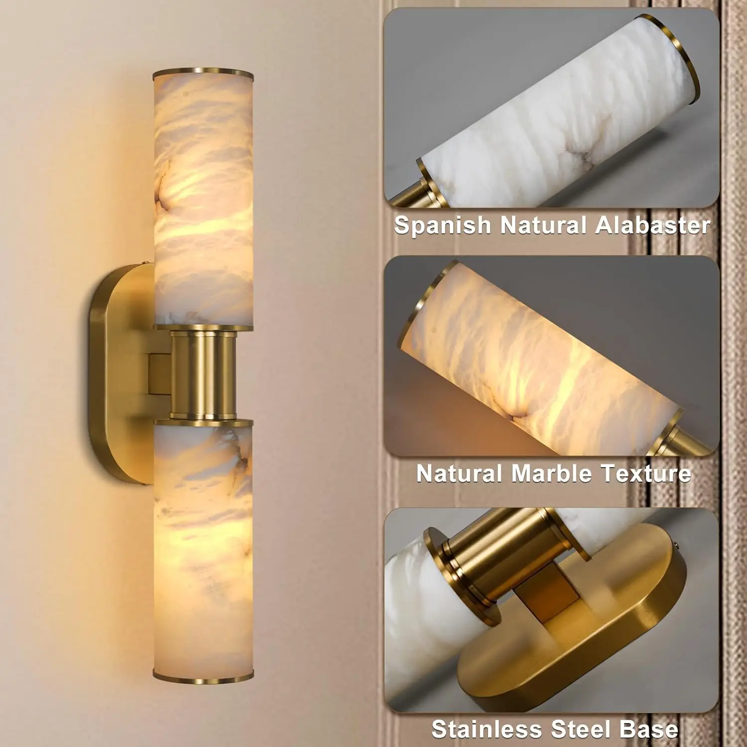 Dimmable Alabaster Wall Sconce Lamp Brass Wall Light Spanish Natural Marble Sconces Wall Lights For Bedroom Living Room Stairs