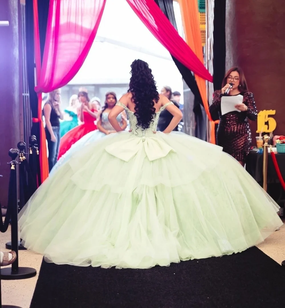 Мятно-зеленые платья Charro Quinceanera, бальное платье с открытыми плечами, расшитое бисером, мексиканские милые платья 16, 15 Anos по индивидуальному заказу