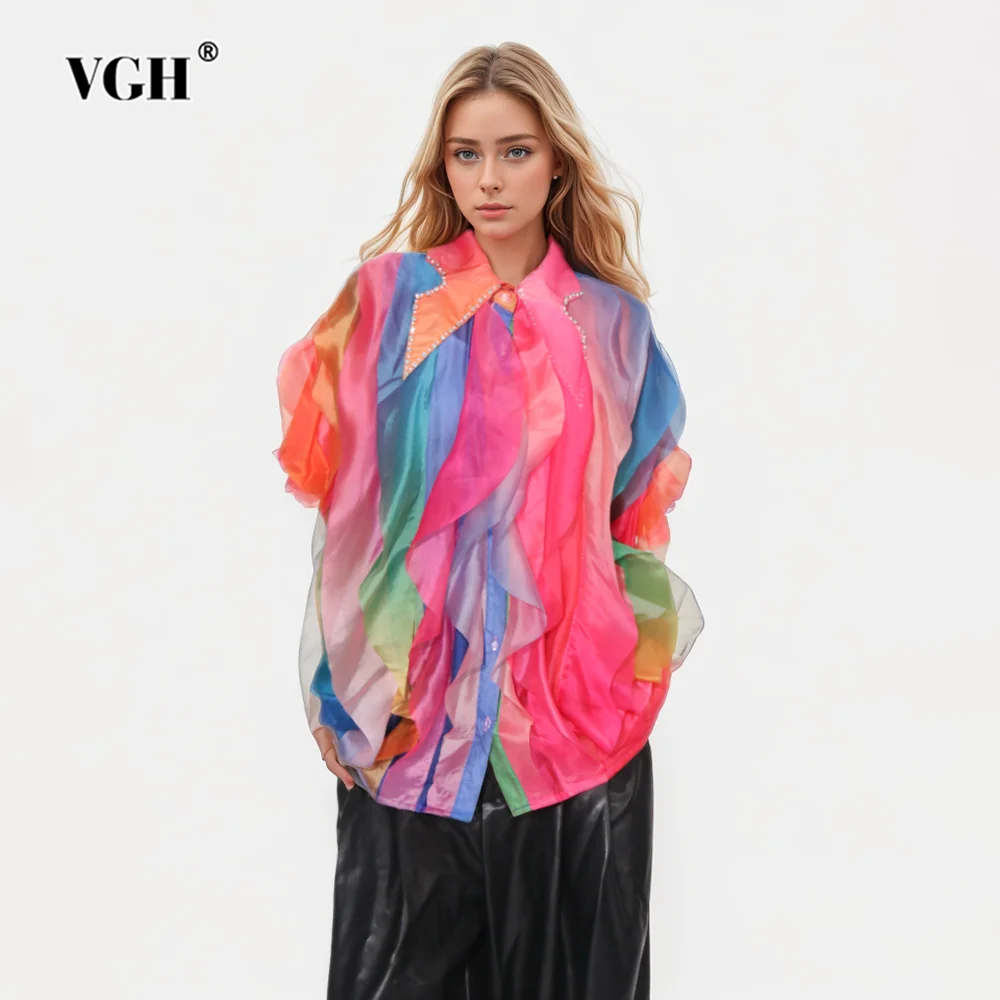 

VGH Hit Color Printing Casual Shirts For Women Lapel Short Sleeve Spliced Diamonds Minimalist Loose Blouses Female Fashion Style