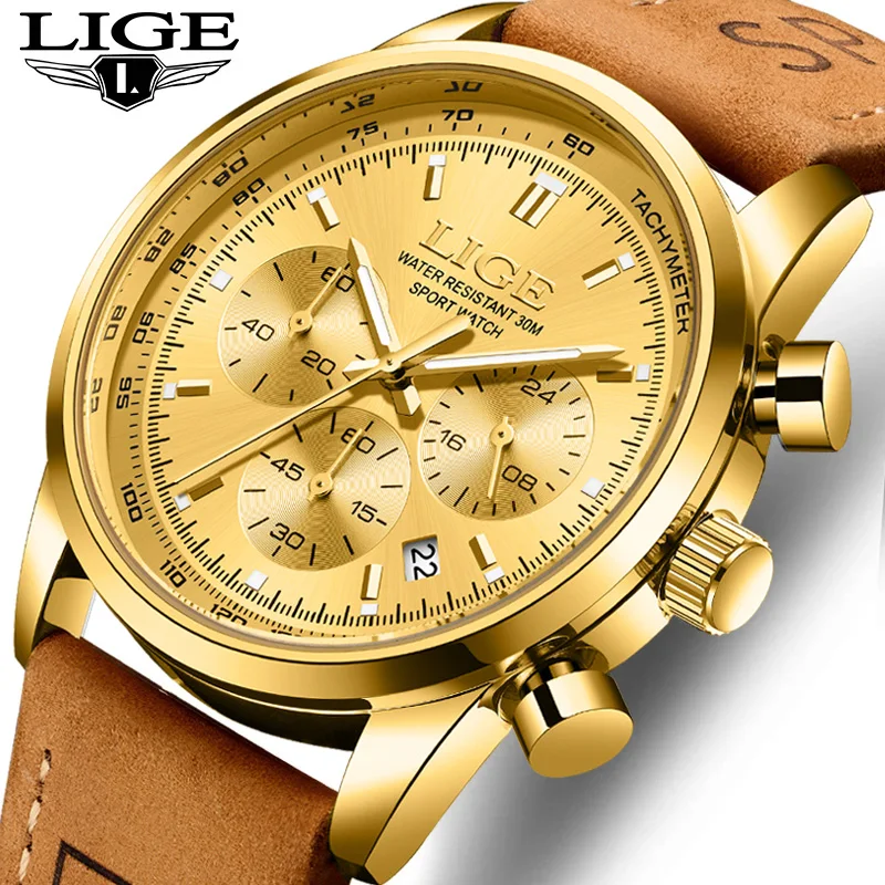 LIGE Moda Negócios Mens Relógios Couro Genuíno Relógio de Pulso de Quartzo Cronógrafo À Prova D 'Água Relógio Luminoso Homem Masculino Relógio + Caixa
