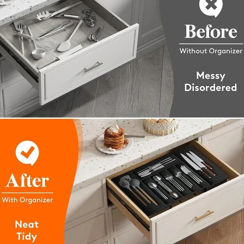 Регулируемый выдвижной ящик для хранения столовых приборов — расширяемый органайзер для кухонного ящика с разделителями для посуды, домашняя организация