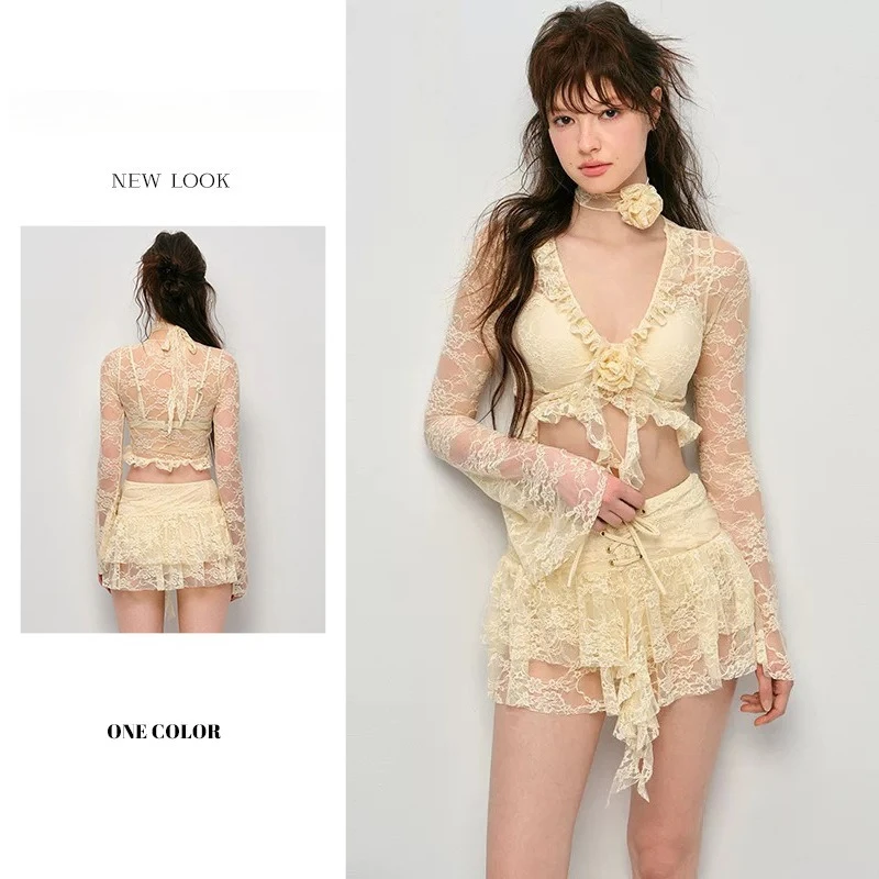 

Summer New High-end Beautiful Super Fairy Yellow Silk Flower Design Long-sleeved Blouse Bikini Beach Hot Spring Swimsuit Women