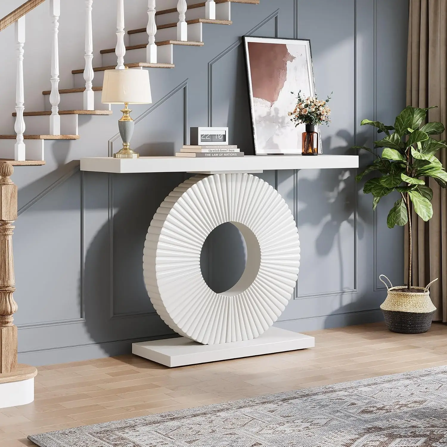 Narrow Console Table 39" Modern Geometric Base Sofa Table Small Accent Entryway Hallway Foyer Living Room White, Customized view 5