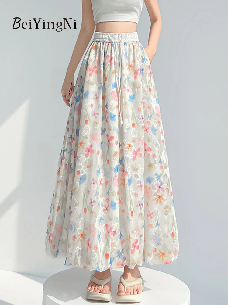 

Beiyingni/2020 летние красочные макси-юбки с цветочным принтом, женская длинная юбка трапециевидной формы с эластичной резинкой на талии, повседневная женская