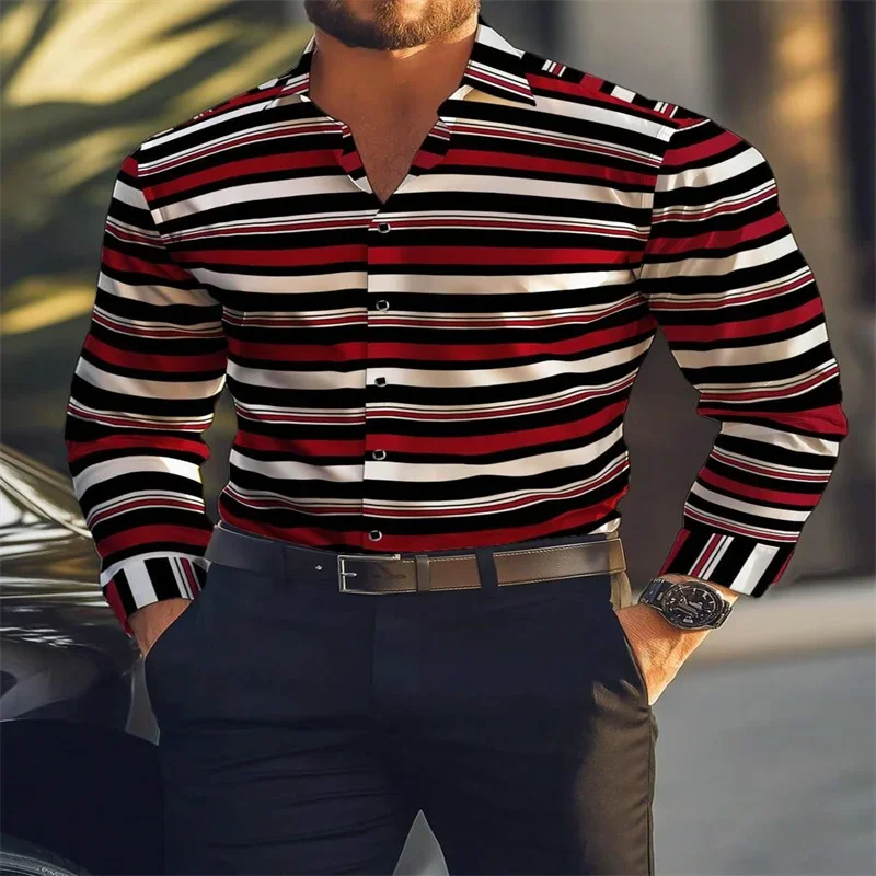 2025 new men's classic striped plaid long-sleeved shirt Men's classic red casual fashion shirt top