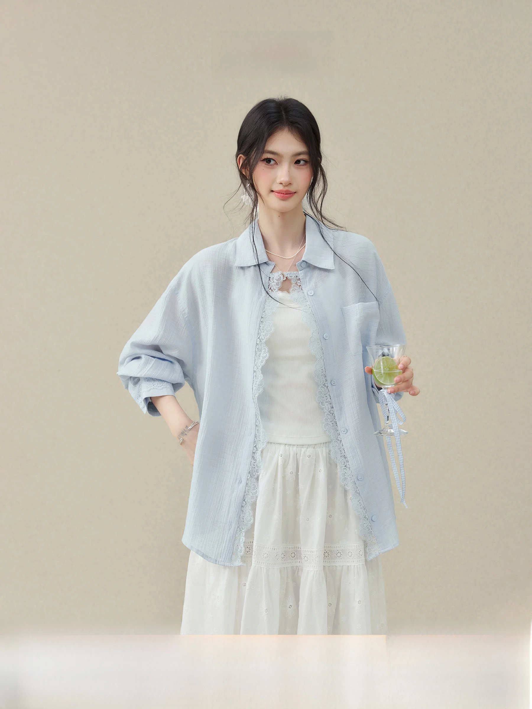 

Ele Blue irt Women's Collar Design Sensation Lace Trim Summer irt by Wang Ou Xī 'Chán Míng Zhī Xià'