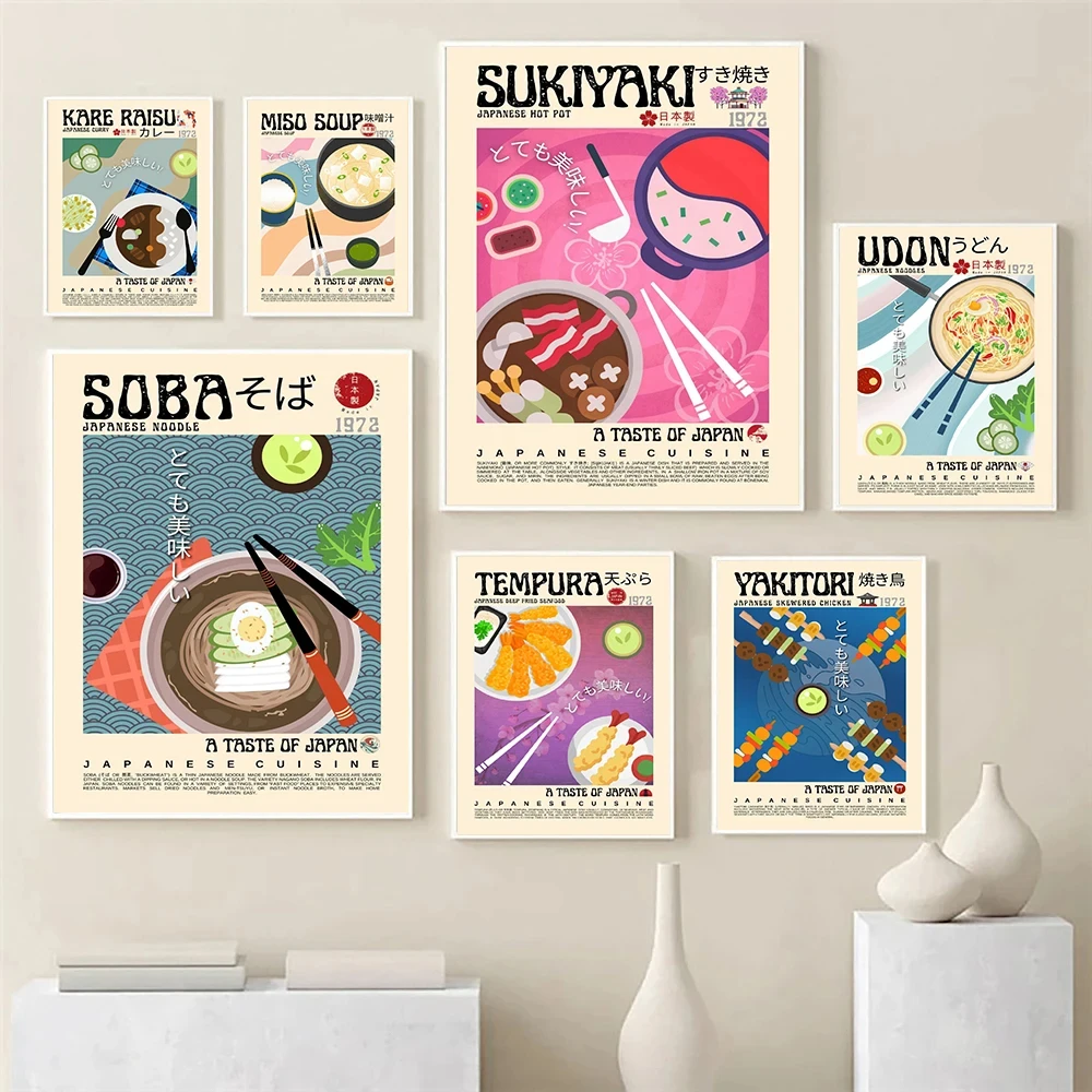 Sukiyaki Udon Tempura Soba Yakitori Poster Retro Japanische Lebensmittel Wandkunst Bilder Japanische Küche Moderne Asiatische Küchen-Dekoration Drucke