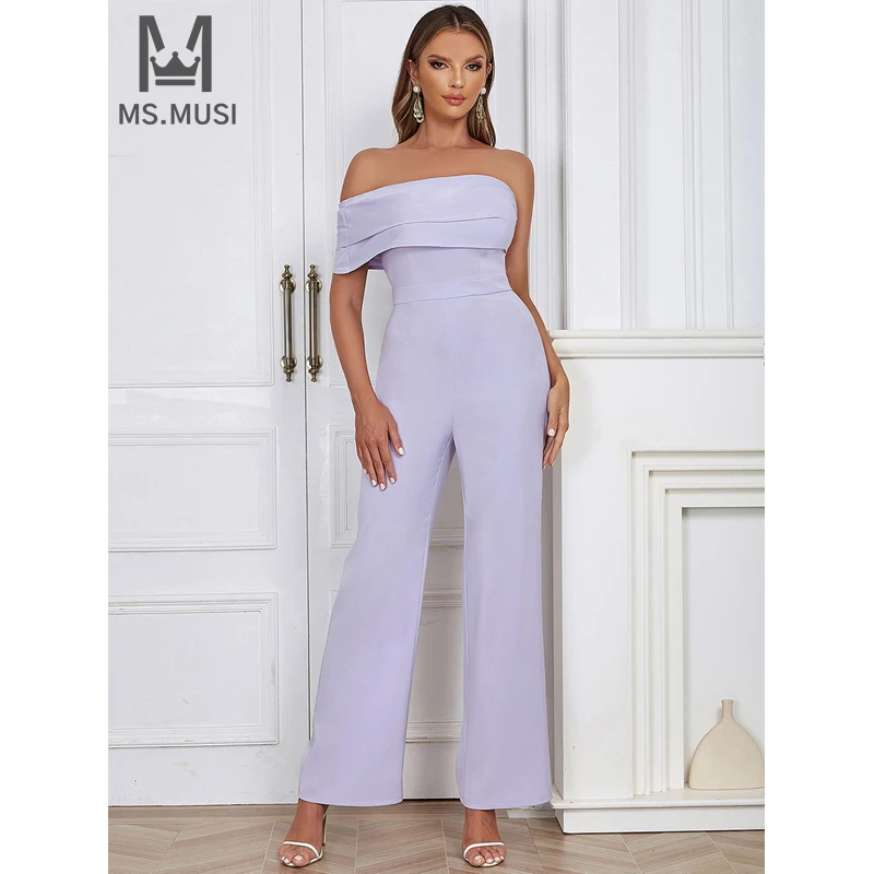 

MSMUSI 2024 New Fashion Women Sexy Solid Simple One Shoulder Off The Shoulder Bodycon Party Club Long Pant Slim Lady Jumpsuit