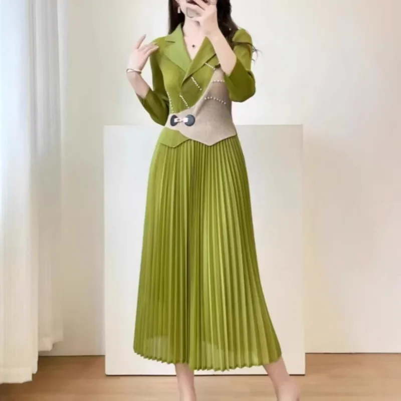 

Miyake 2025 Summer New Wave Fashion Casual Patchwork Pleated Dress Women's Lapel Long Sleeve Elastic Waist A-Line Dress