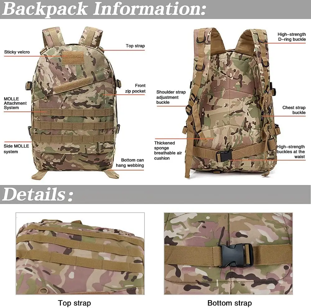 40L Camping Hiking Backpack Outdoor Tactical Backpacks Climbing Backpack 3D Outdoor Sport Trekking Rucksack Travel Bag