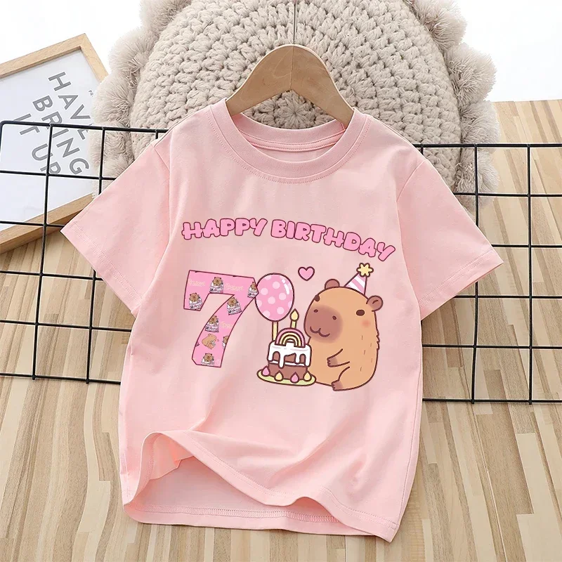 Capybara Cartoon Anime Figure Kids T-Shirts Short Sleeves Birthday Number Tops for Boys Girls Children Summer Tees Clothes