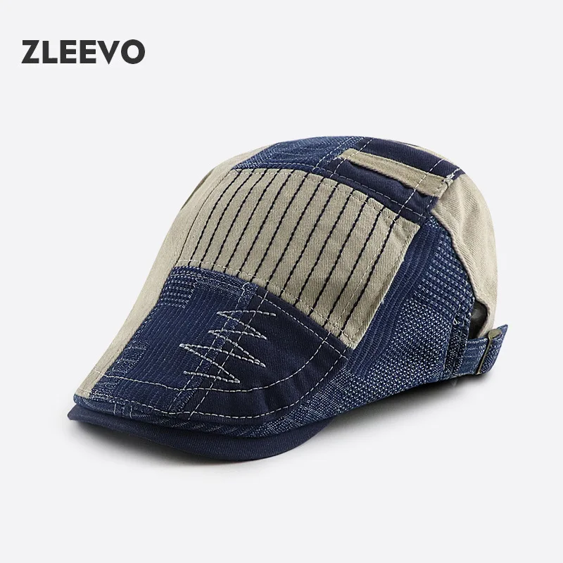 2024 Spring New Original Niche Heavy Denim Stitching Contrast Color Peaked Cap Men And Women Personality Beret