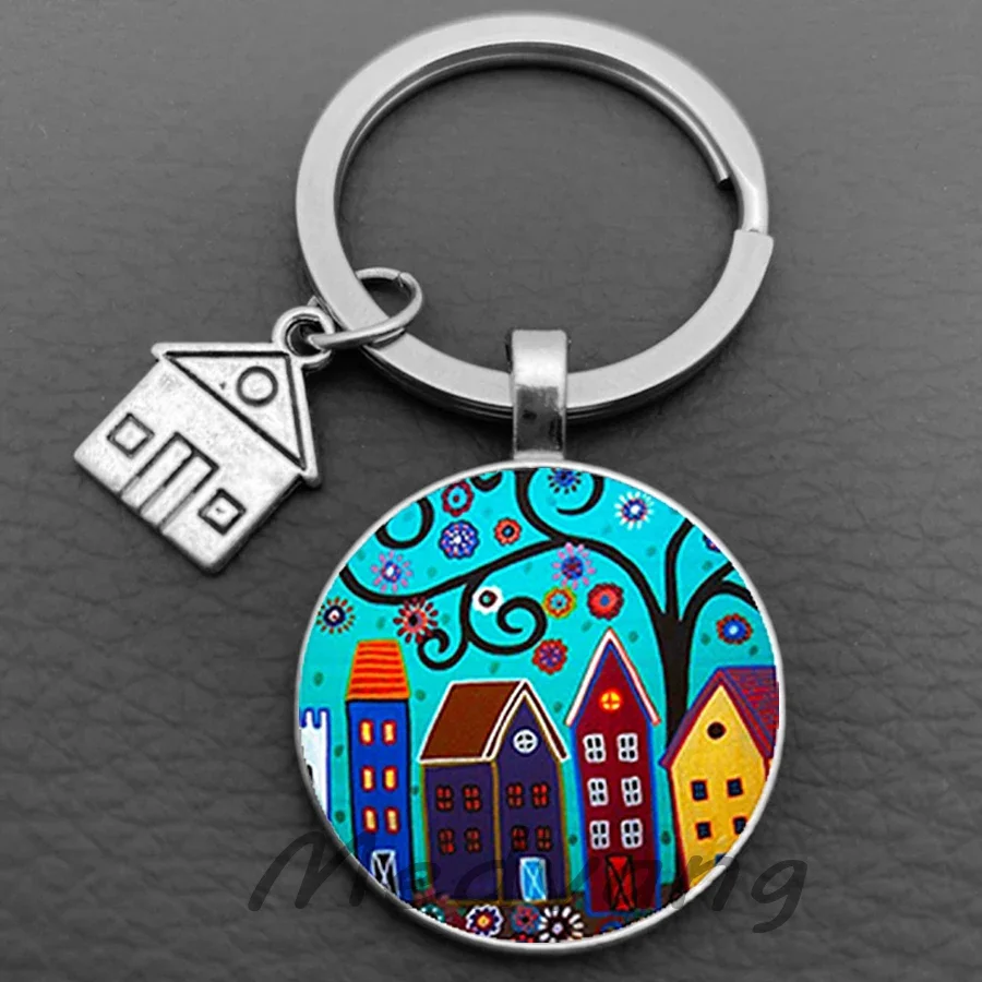 2024 Beautiful House Keychain Abstract Starry Sky Cabin Keychain Personalized Jewelry New Home Gift Keyring