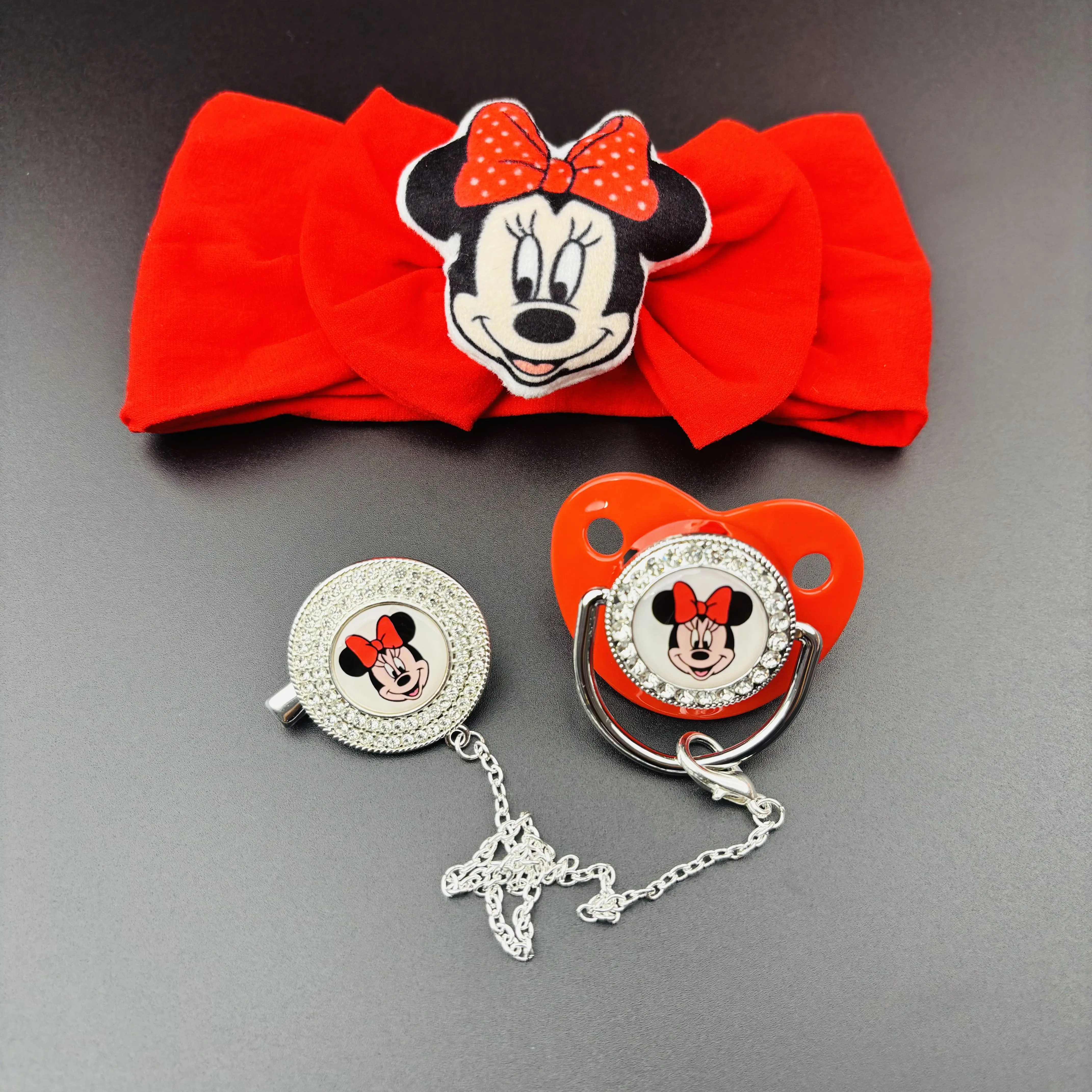 

Детская цепочка для соски, красный кристалл, роскошная пустышка для новорожденных, силиконовая соска, детская повязка для волос с Микки Маусом, кавайная опора для стрельбы