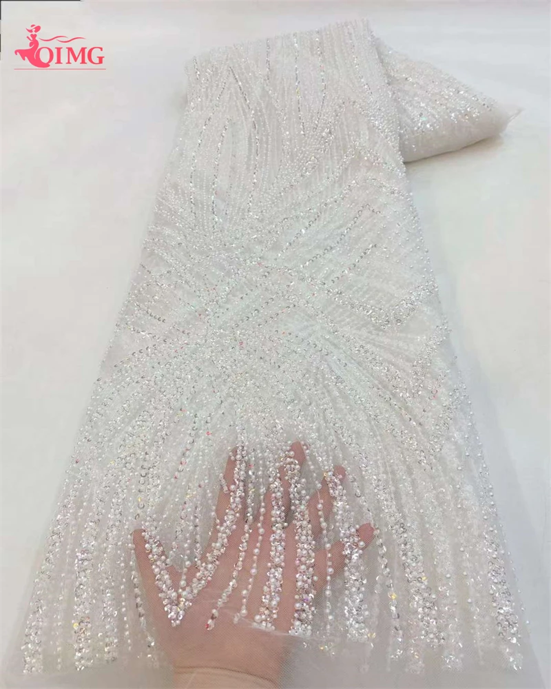 OIMG High Quality Fashion French Embroidery Beaded Lace Fabric African Nigerian Sequins Lace Fabric For Wedding Dress XZ-7013