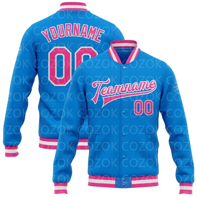 

Custom Brilliant blue pink 3D Printed Baseball Button Jacket Bomber Full-Snap Varsity Letterman Jacket