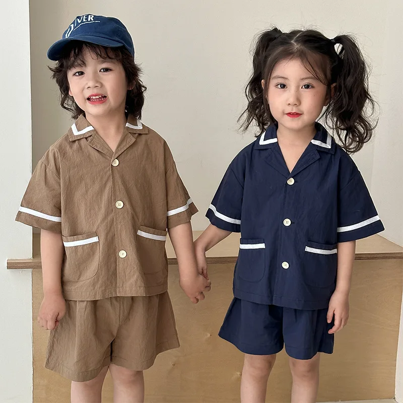 Children's Summer Suit Academy Style Pure Cotton Thin Boys 2025 New Baby Girls Casual Short Sleeve Two-piece Set