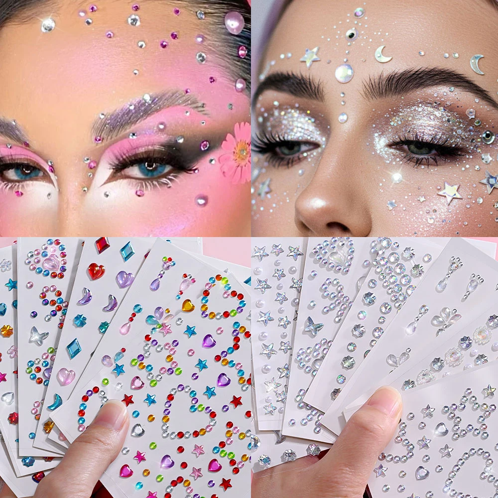 5D-Hollow Love Heart&Pentagram Diamond Face Tattoo Sticker Mixed Colorful Round/Heart/Star Rhinestone Tattoos Body Face Stickers