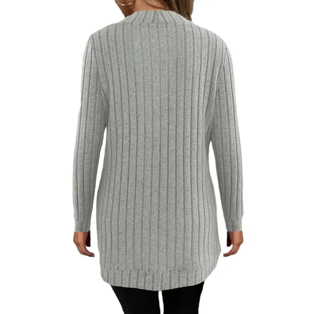 

Women's Long Striped Knitted Cardigan Jaet Pit Sved Sle Polyester Fiber Full Sve Mid-Length Single Piece Autumn Faion