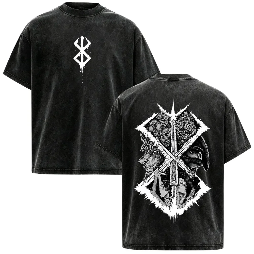 Anime Berserk Guts Casca Griffith Graphic Vintage Washed T-shirts Men Women Casual Oversized T-Shirt Fashion T Shirts Streetwear