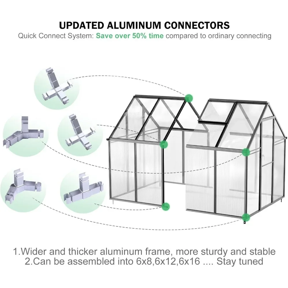 8.2x6.2 FT Greenhouse for Outdoors, Easy Assembly Aluminum Heavy Duty Polycarbonate Greenhouses w/Vent Window