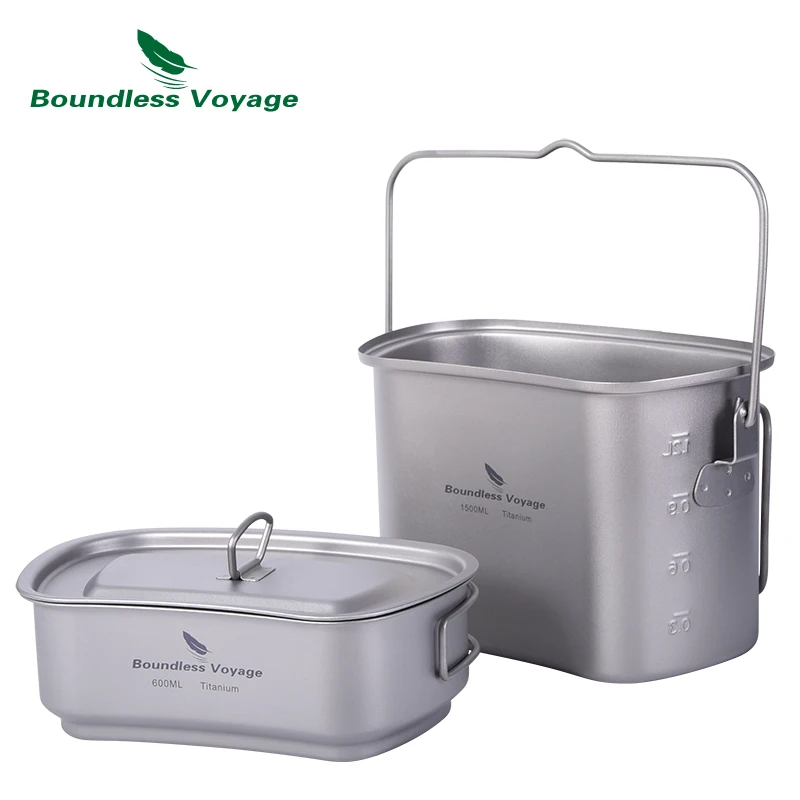 

Boundless Voyage Camping Titanium Pot Set 1500ml & 600ml Military Cup Bowl with Lid Outdoor Travel Cookware Cooking Kit Canteen