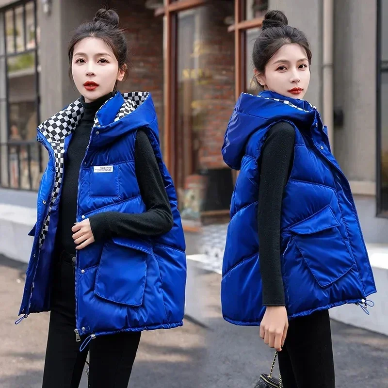 

Women Autumn Winter Down Cotton Vest 2023 New Women Loose Sleeveless Waistcoat Korean Loose Short Vest Women Hooded Jacket