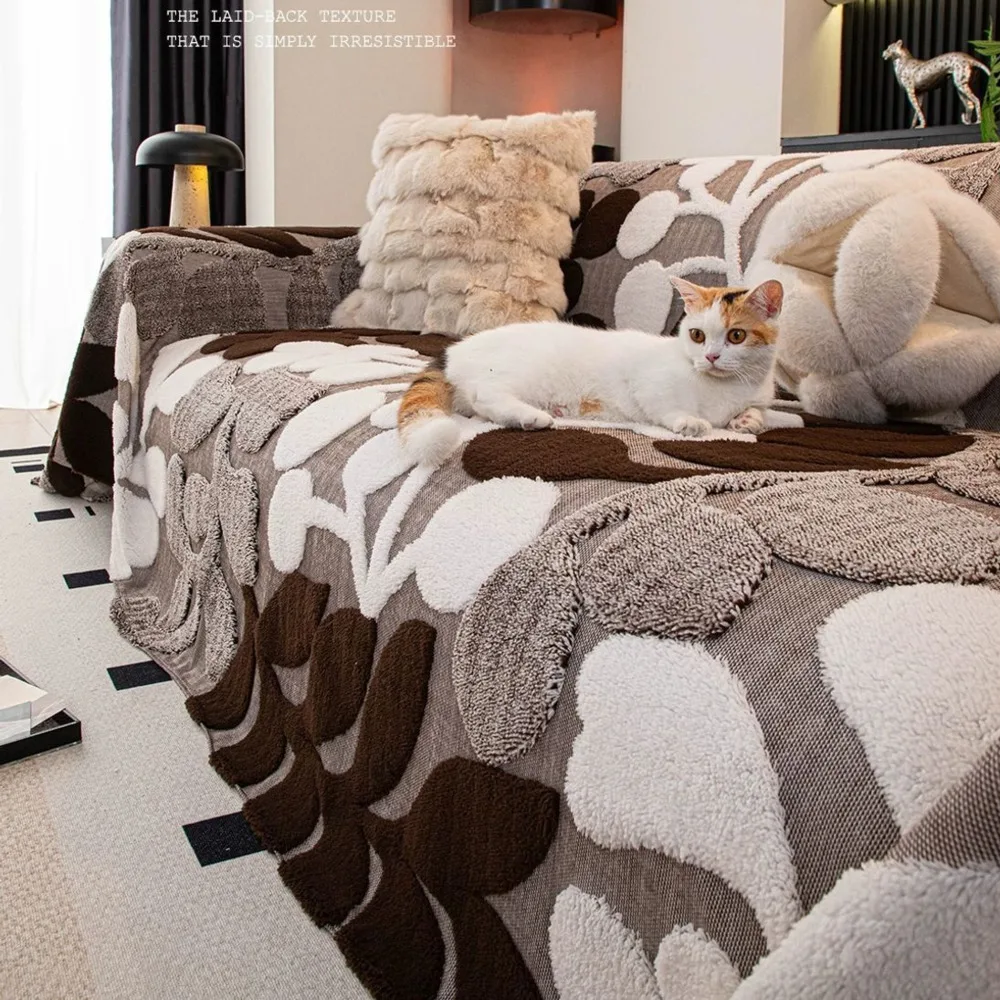 Nordic Leaves Pattern Flannel Fleece Sofa Cover Throw One-Piece Full Wrap Winter Warm Plush Dustproof Slipcovers for Living Room