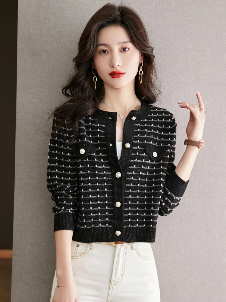 Cropped Cardigan Women Loose Spring Autumn Office Lady Korean Style Streetwear Aesthetic Basic Striped Formal Fashion Stylish