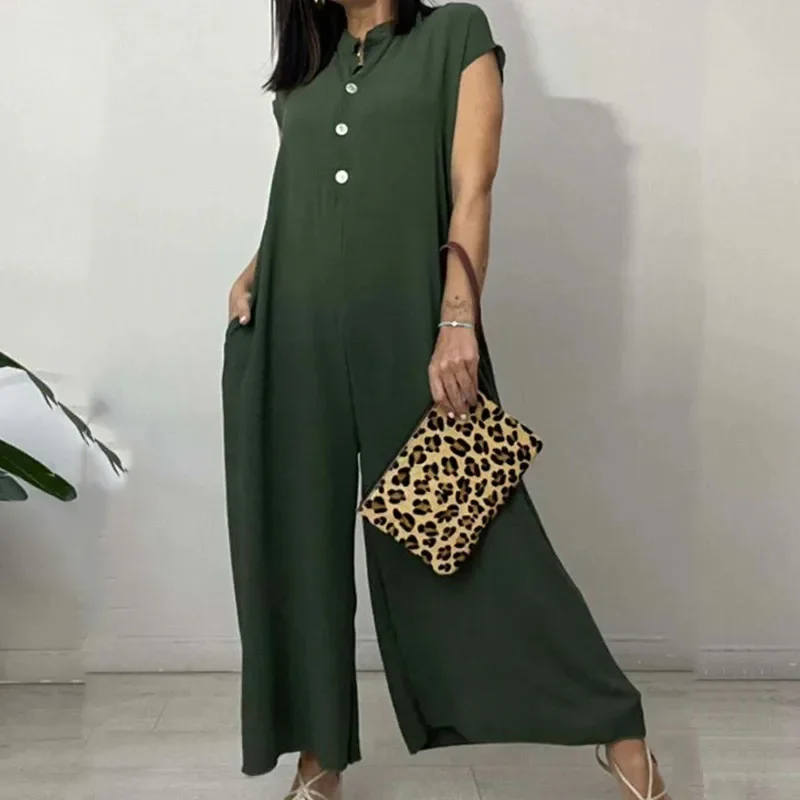 Vrouwen Effen Kleur Knoop High Street Romper Zomer Casual Katoenen Linnen Zak Romper Mode Eenvoudige O-Hals Jumpsuit Met Korte Mouwen