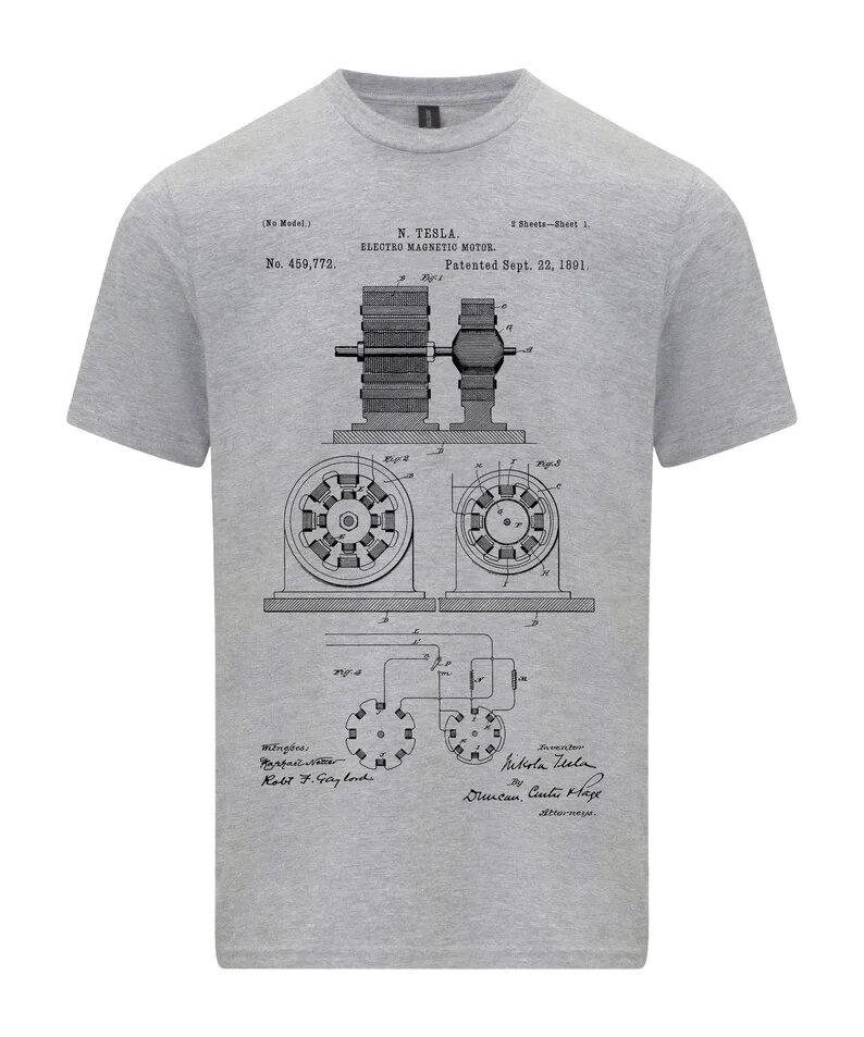 نيكولا تيسلا تي شيرت موتور براءات الاختراع مخطط قميص شخصية العصرية ملابس الشارع عادية عالية الجودة طباعة القمم