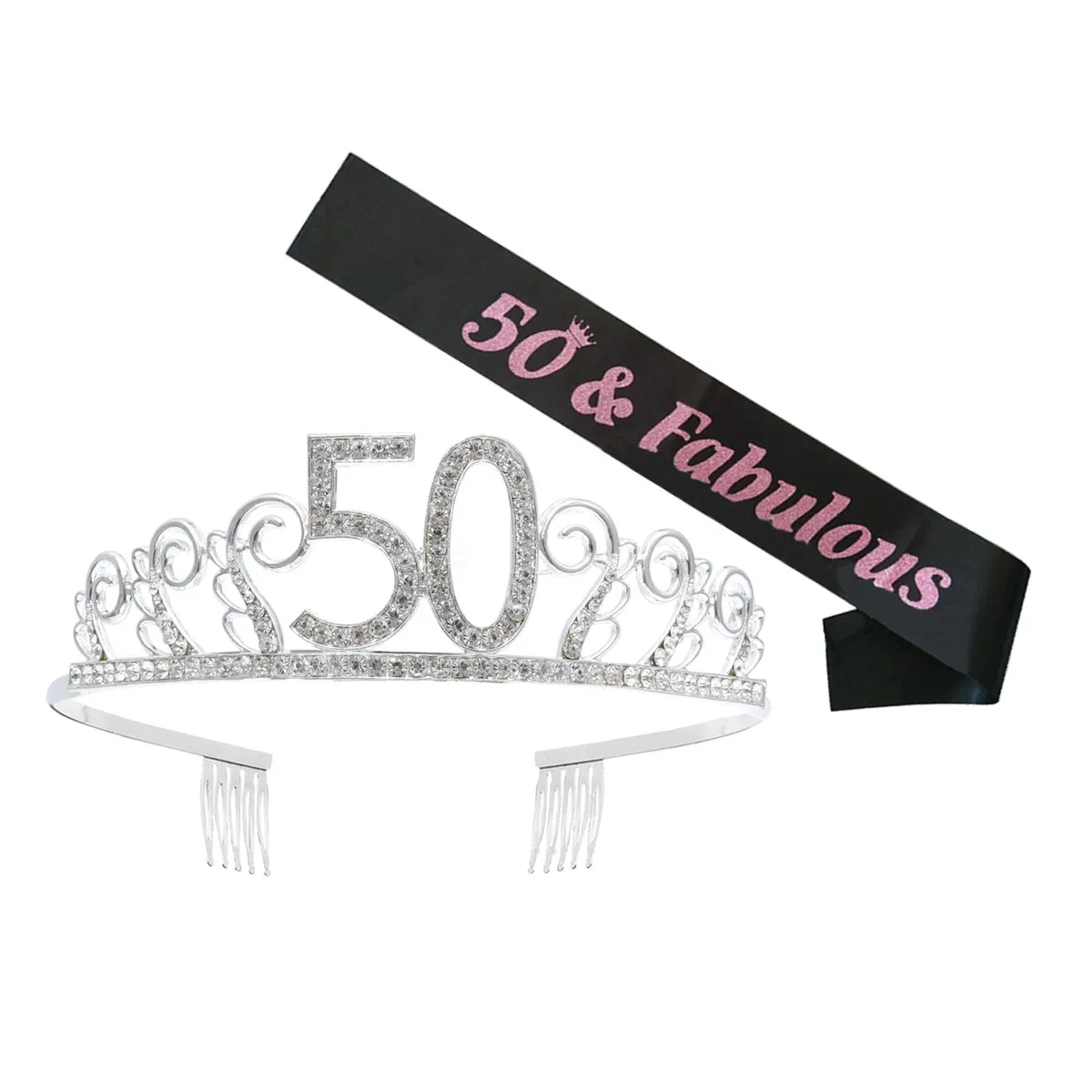 

1Set Crystal Hair Comb Birthday Crown with Letter 50 Sash Party Etiquette Belt Headpiece Accessory for Birthday Celebration