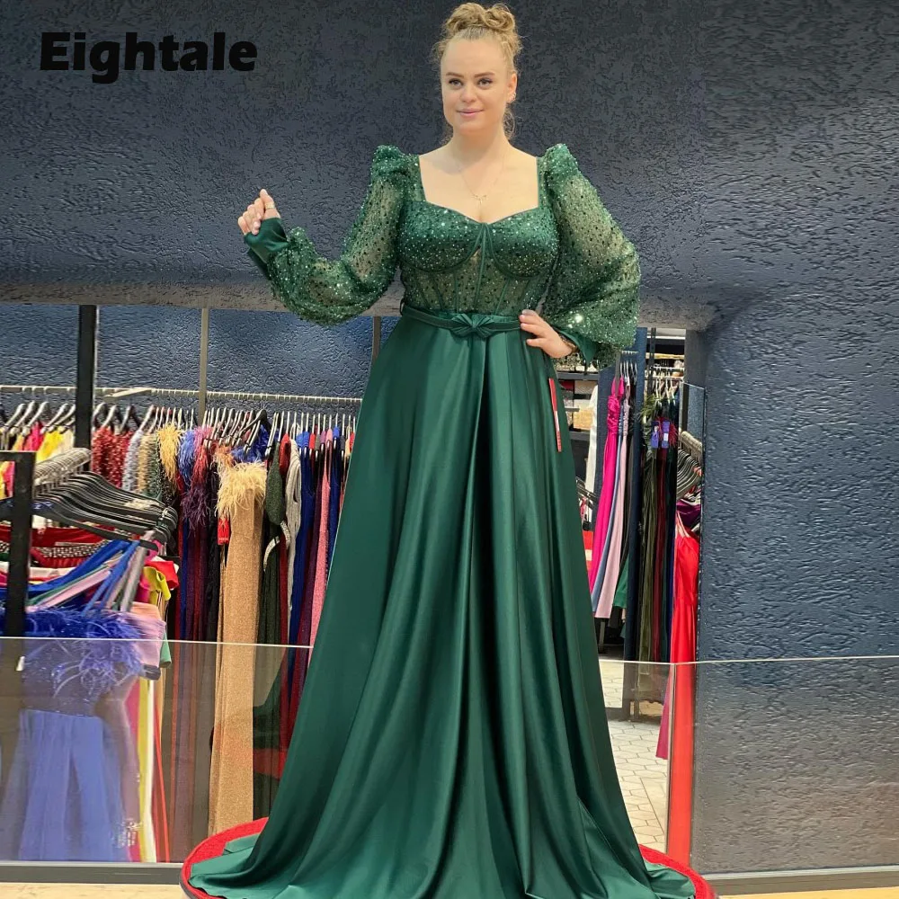 

Eightale Dark Green Evening Dresses Sparkly Long Puffy Sleeves Belt Satin Plus Size Prom Party Gowns A-Line Vestidos De Gala