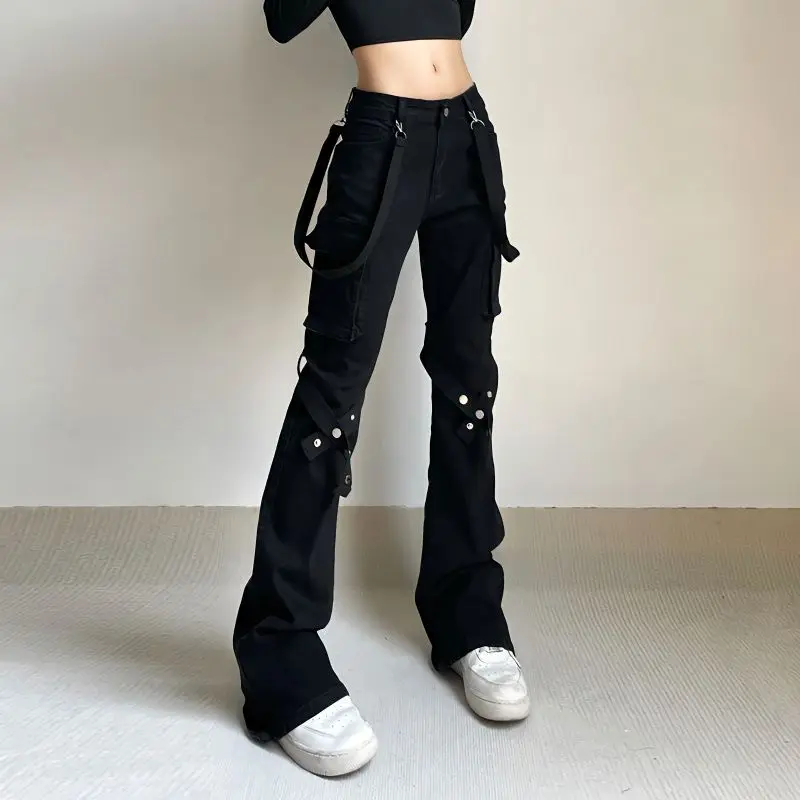 Hikigawa Chic Fashion Women High Street Cargo Jeans Casual All Match High Waist Pockets Slim Flare Pants Dancing Trousers Mujer