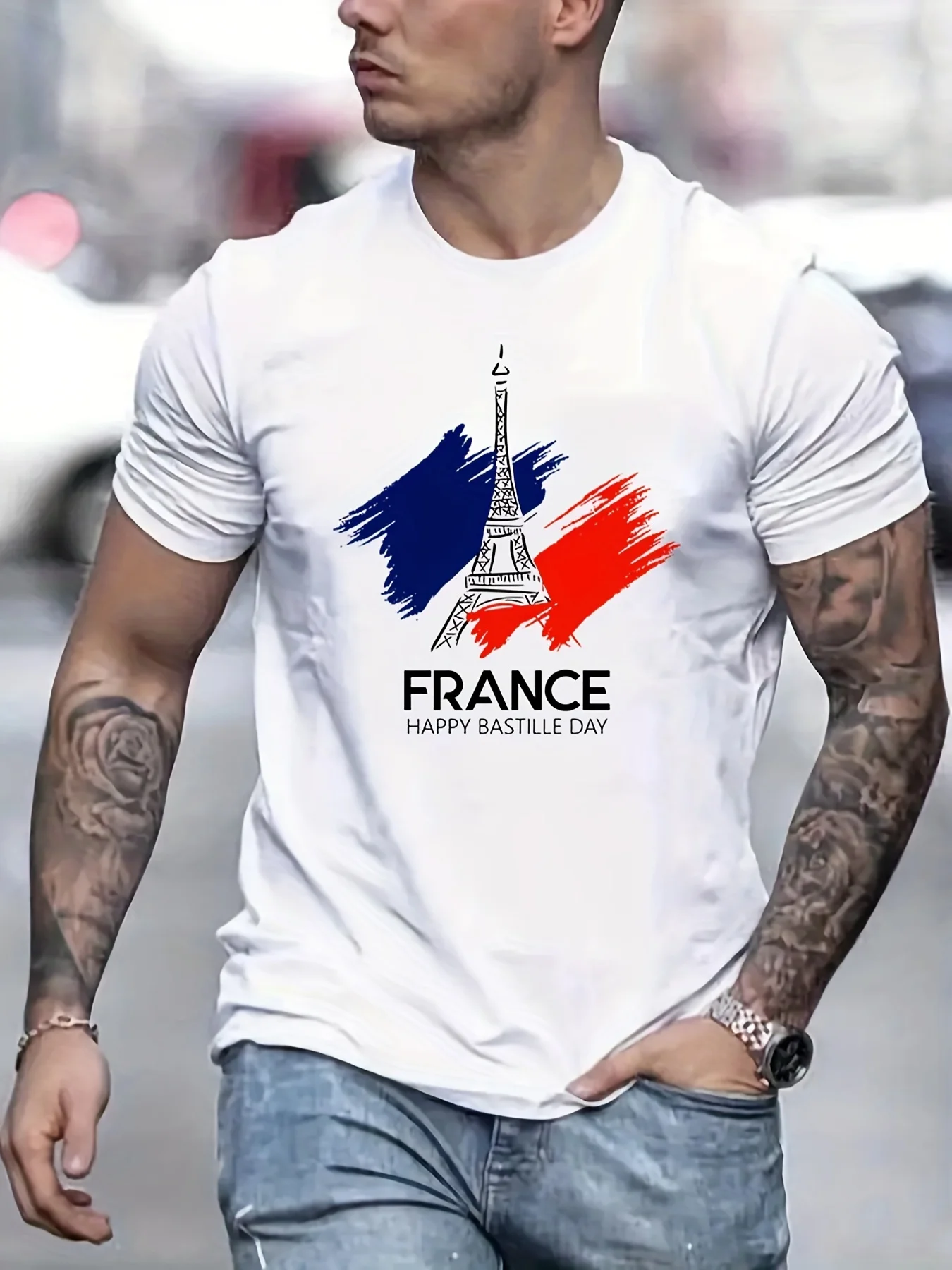 

FRANCE Pattern Print Men's Comfy T-shirt, Graphic Tee Men's Summer Outdoor Clothes, Men's Clothing, Tops For Men