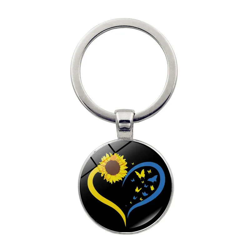 Popular Jewelry Ukrainian Element Alloy Keychain Dome Glass Yellow Blue Sunflower Pattern Classic Gift