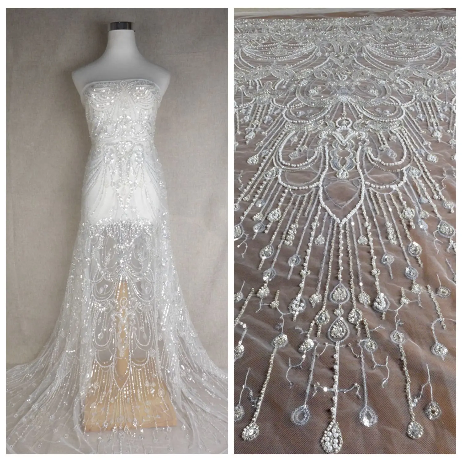 New 1 yard off white pearls with silver beads on tulle wedding dress lace fabric 47