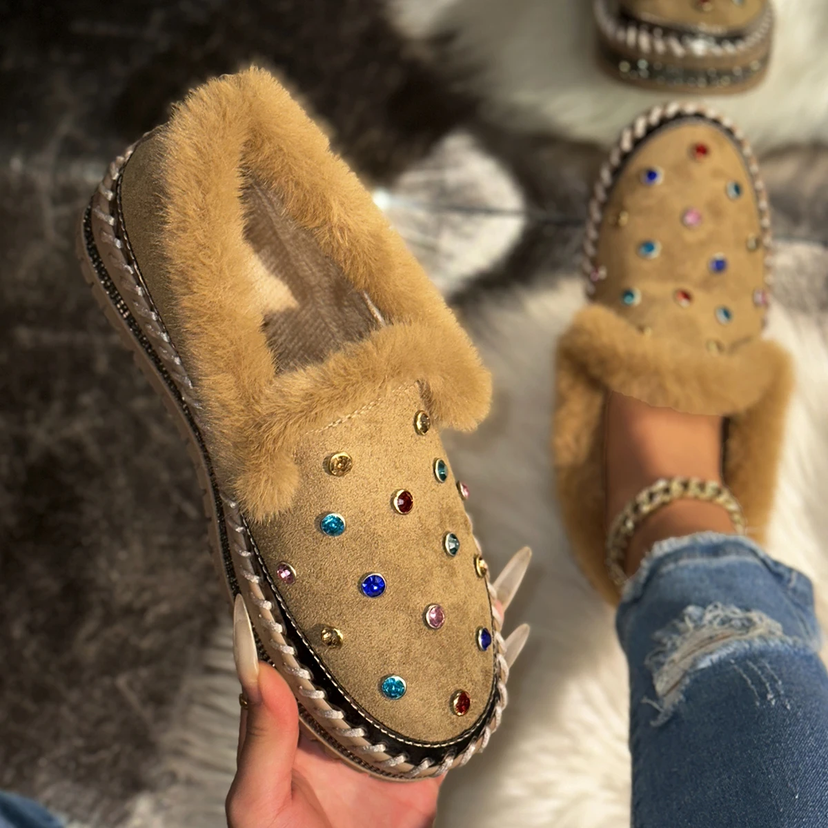 Aphixta Real Mink Fur Shoes Women Flats Luxury Rivets Hand Stitching Winter Shoes Woman Crystals Slip-on Platform Footwear