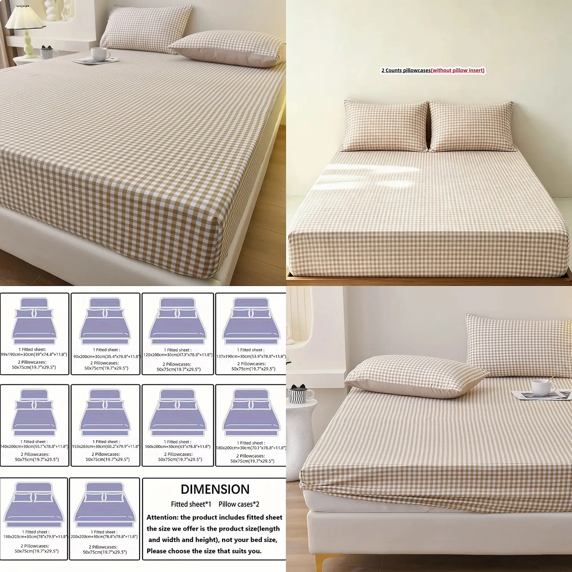 3Pcs Plaid Fitted Bed Sheet Set with Elastic Band Anti-Slip Adjustable Mattress Cover Pillowcase