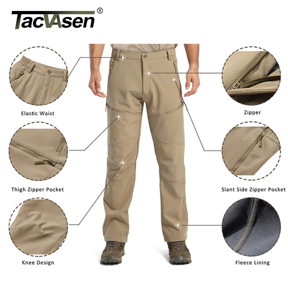 TACVASEN Men\'s Fleece Lined Work Cargo Pants Multiple Zipper Pockets Waterproof Soft-shell Thermal Winter Hiking Snow Ski Pants