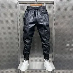 Men's Winter Luxury Clothing 2022 Korean Style Thermal Line Brushed Long Pants Slim Fitting Thickened Black PU Leather Trousers