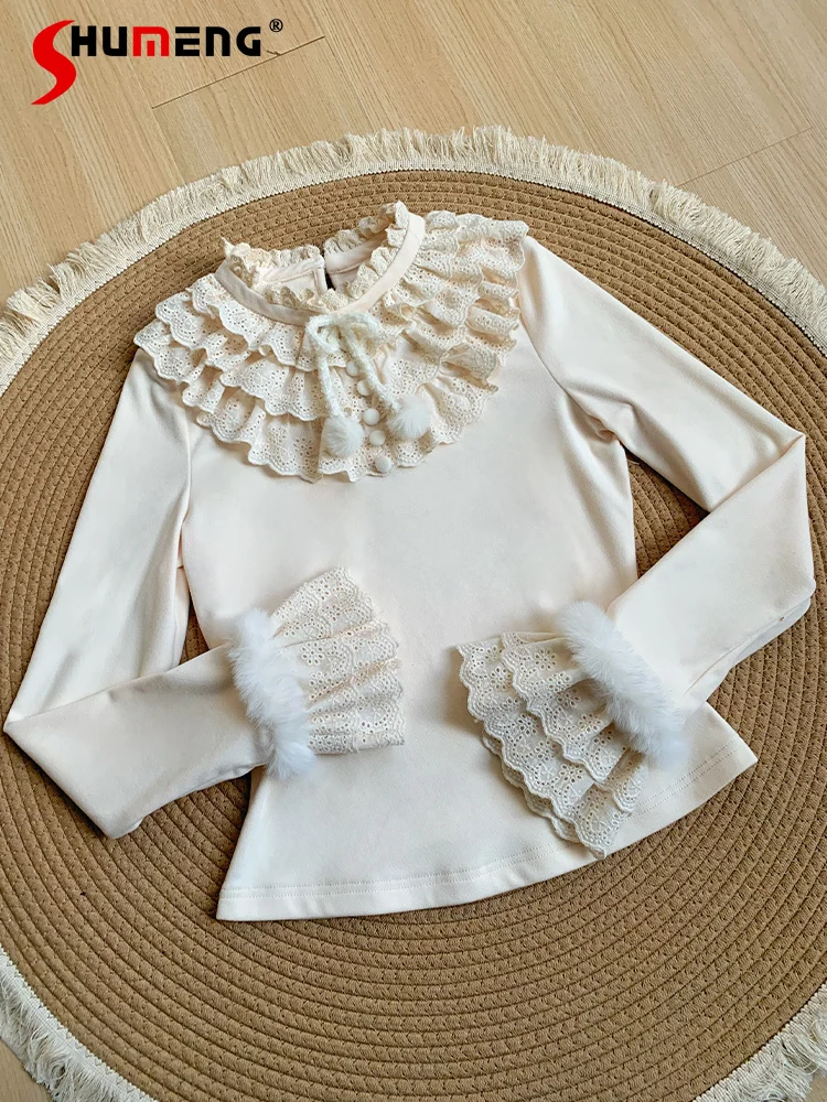 

Japanese Style Elegant Retro Versatile Knitted Inner Tops Layer Lace Ruffles Patchwork Soft Warm Lolita Shirts for Women Winter