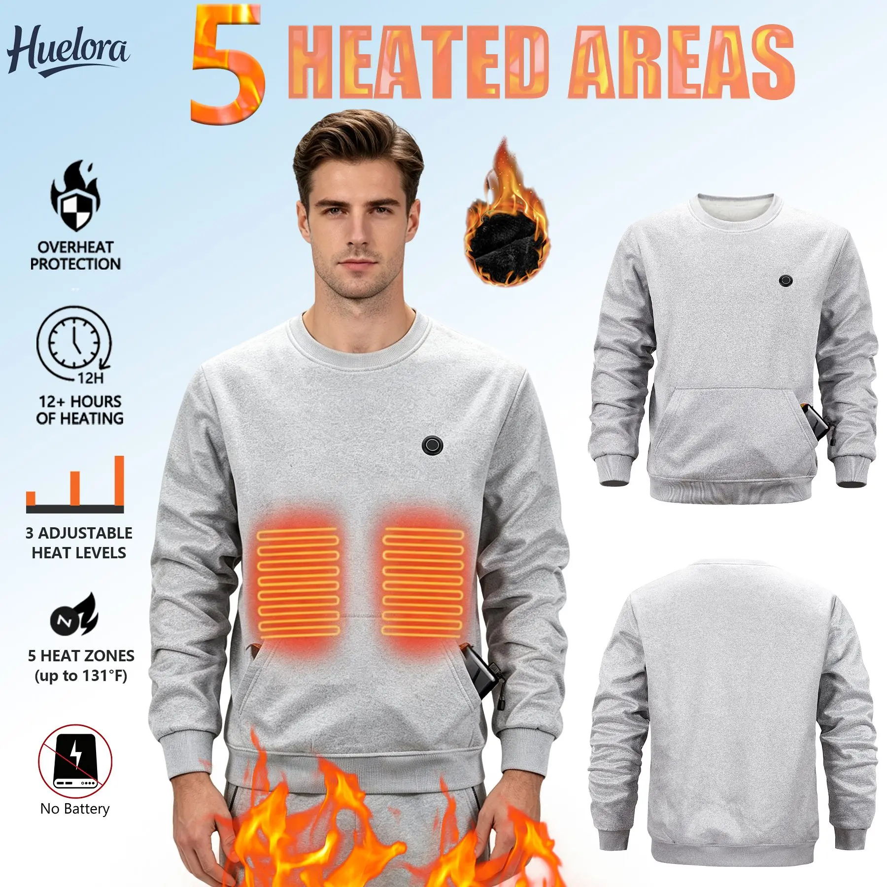 Men Women Electric Heated Crew Neck Sweatshirt 5 Heating Areas 3 Level Temp Adjustment Fleece Lined Machine Washable USB Heating