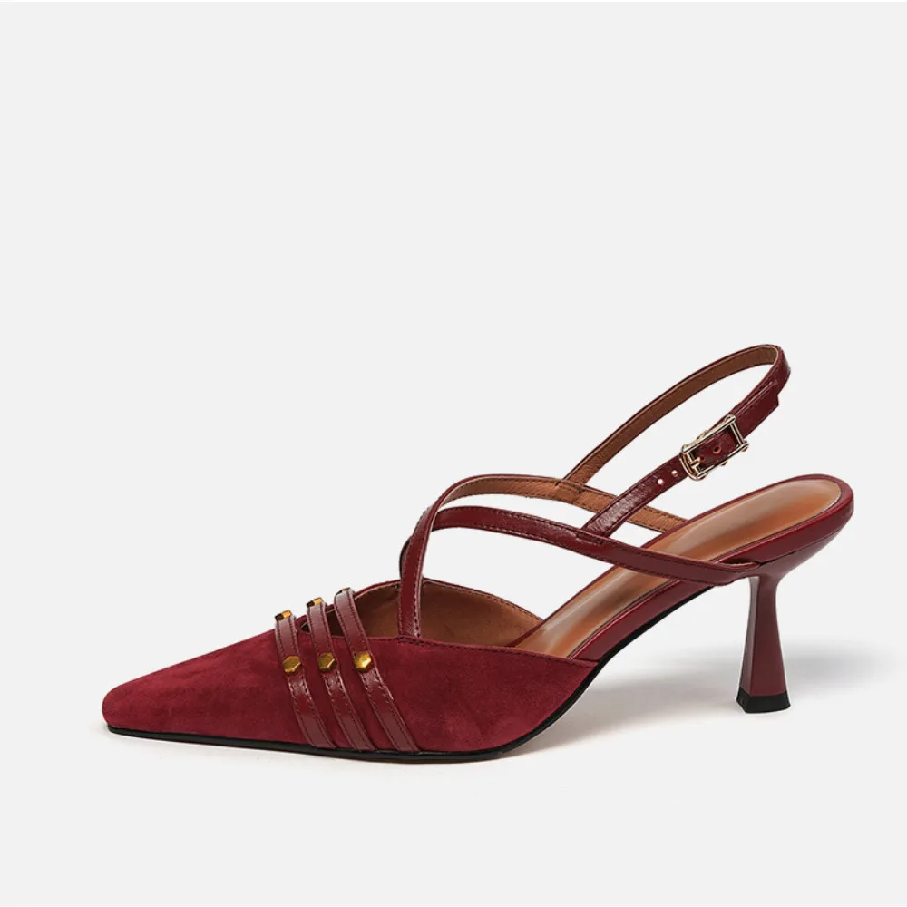 Women Summer Wine Red Fashion Sheepskin Stiletto Heels French Retro Pointed Toe Sandals