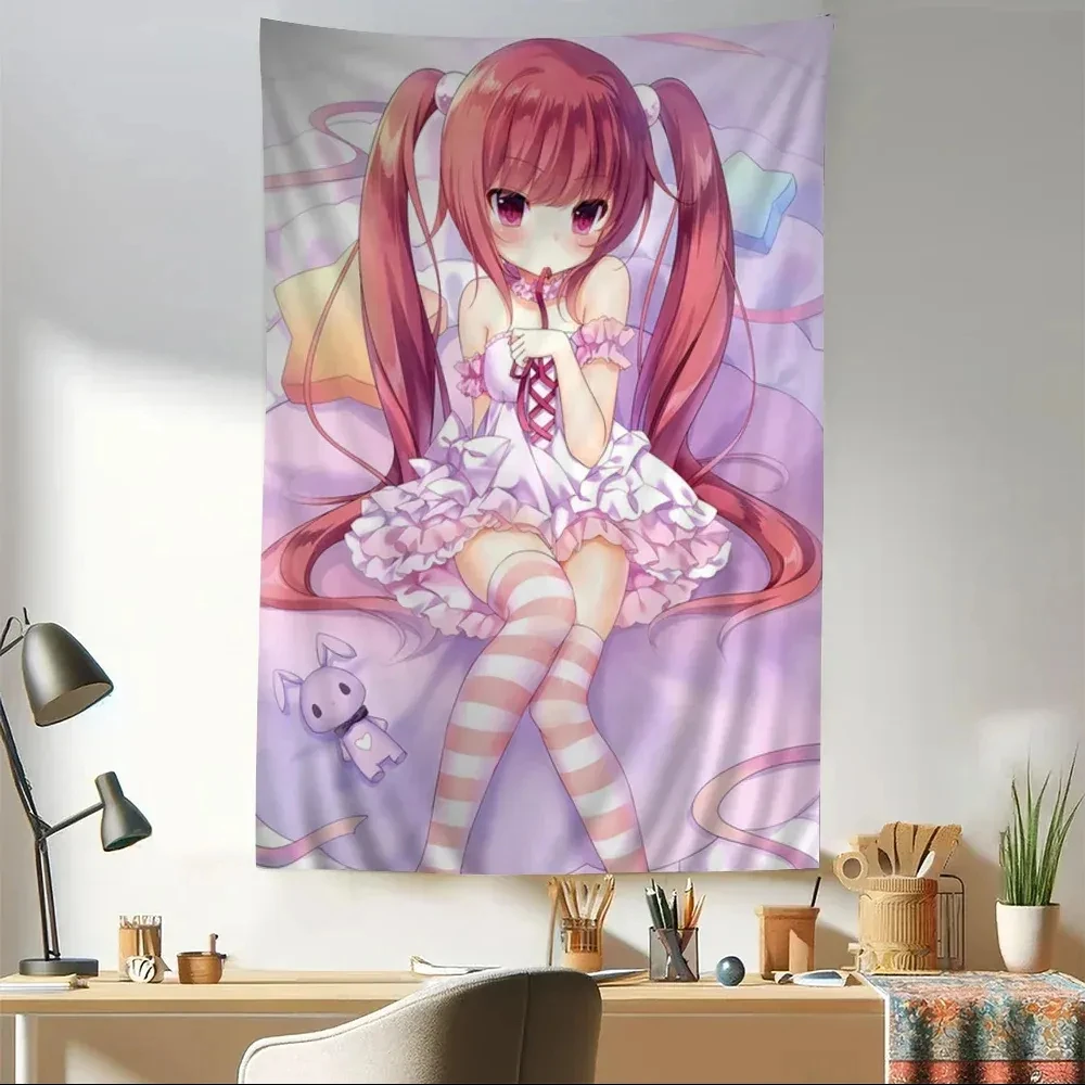 Sweet Little Loli Anime Silk Art Hanging Bohemian Tapestry Hanging Tarot Hippie Wall Rugs Dorm Japanese Tapestry