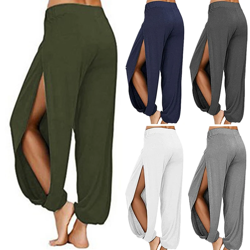 Women Clothing Yoga High Elastic Waisted Slit Wide Leg Haren Pants Gym Leggings Casual Solid Loose Trousers Home Summer Trend