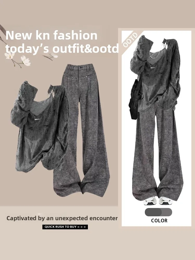 

ay Американские повседневные брюки с вырезами, длинные свечи, накидка с высокой талией, прямые брюки для похудения, осенний женский комплект Faion