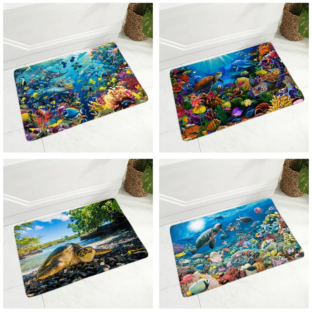 Colorful Underwater World Sea Turtle Floor Door Mat for Hallway Kitchen Room Decor Animal Doormat Non-Slip Soft Flannel Rug